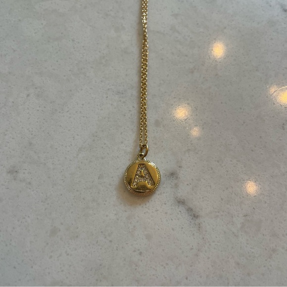A Initial Disc Pendant Necklace - Gold with Pave Diamonds Letter A - Picture 2 of 5